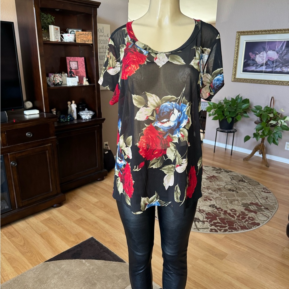 Sky Black Floral Print Sheer Short Sleeve Blouse-size L